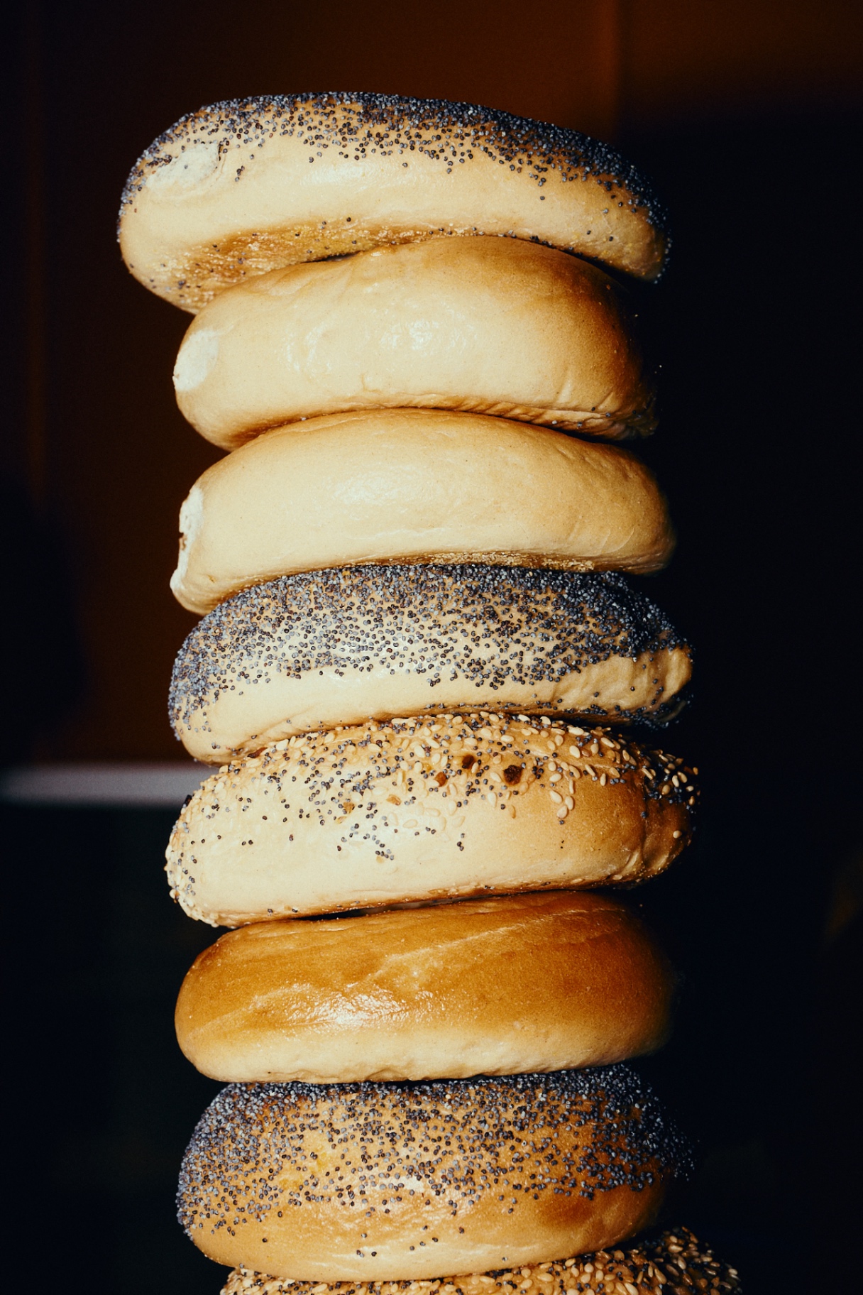 Stack of seeded bagels