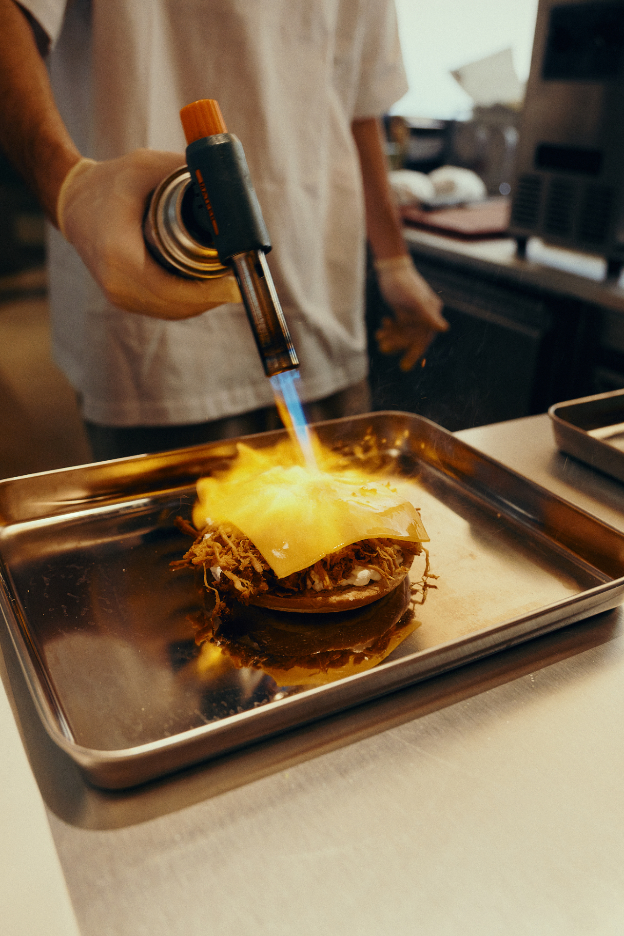 Torching cheese on a fresh bagel